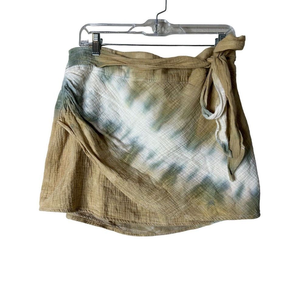 Free People Tie-Dye Mini Wrap Skirt in Olive, White, Blue
